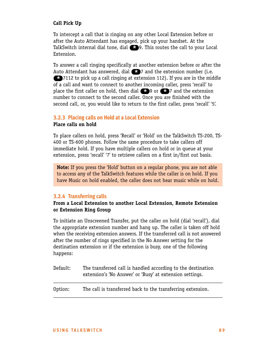 3 placing calls on hold at a local extension, 4 transferring calls | Talkswitch CT.TS005.001101.UK User Manual | Page 97 / 174