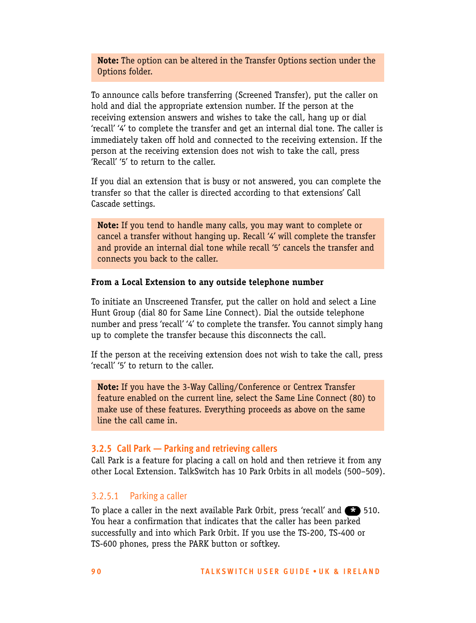 5 call park - parking and retrieving callers, 1 parking a caller, 5 call park — parking and retrieving callers | Talkswitch CT.TS005.001101.UK User Manual | Page 98 / 174