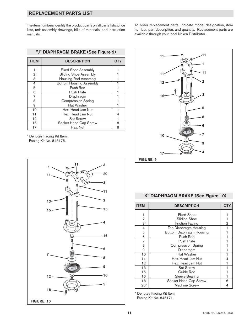 Replacement parts list | Nexen J 841600 User Manual | Page 11 / 13