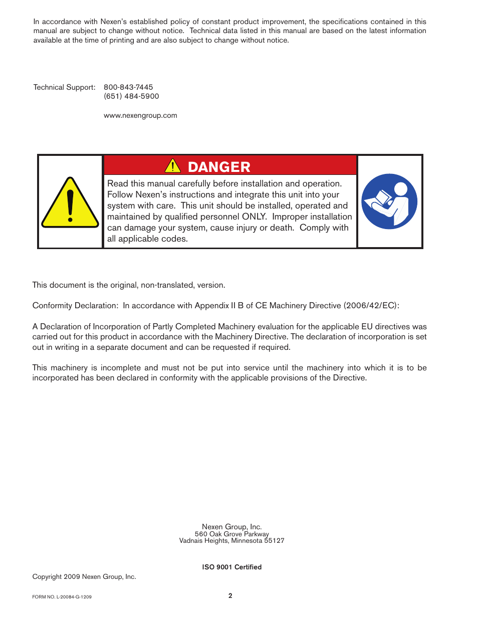 Danger | Nexen SE-200 806000 User Manual | Page 2 / 14