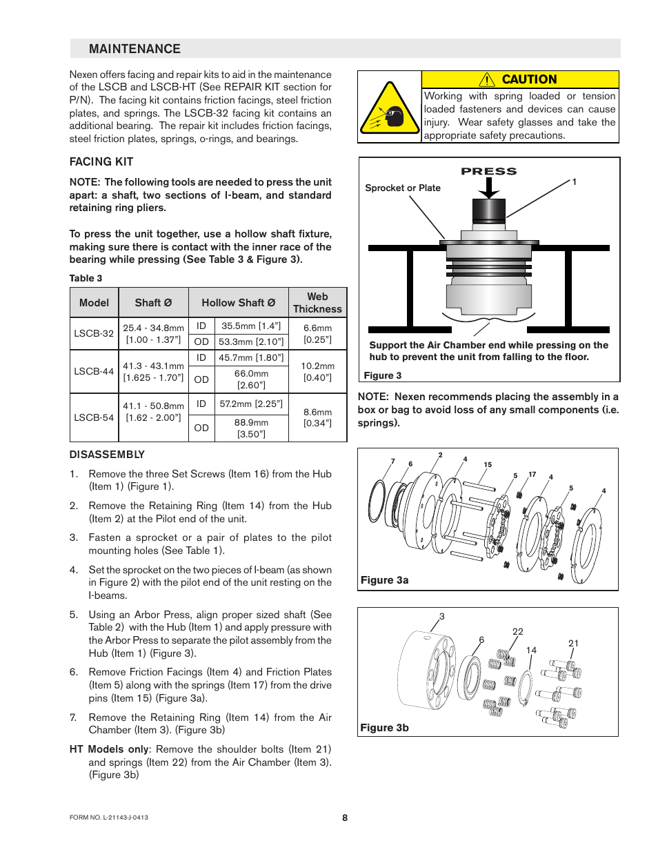 Maintenance caution, Facing kit | Nexen LSCB-32 923522 User Manual | Page 8 / 13