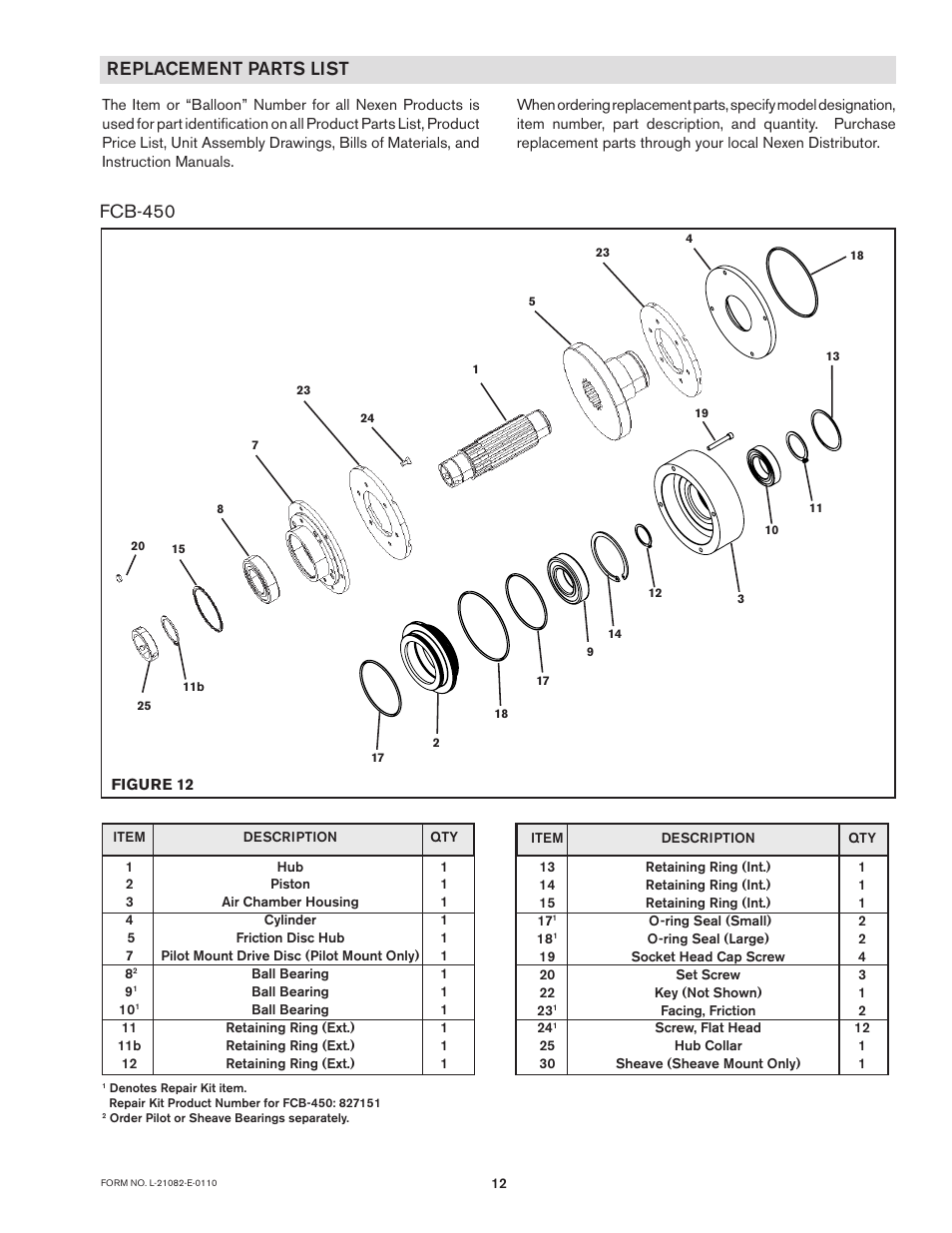 Replacement parts list, Fcb-450 | Nexen MCB-800 830853 User Manual | Page 12 / 14