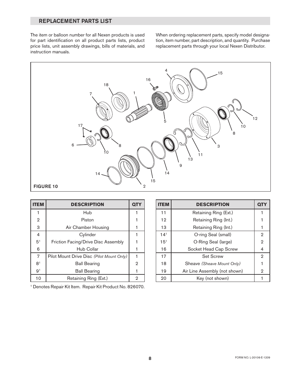 Replacement parts list | Nexen BCB-275 826001 User Manual | Page 11 / 12