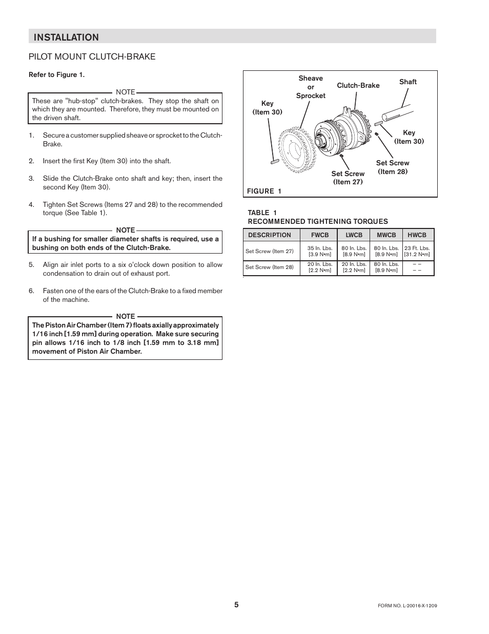 Installation, Pilot mount clutch-brake | Nexen MWCB 830812 User Manual | Page 5 / 29