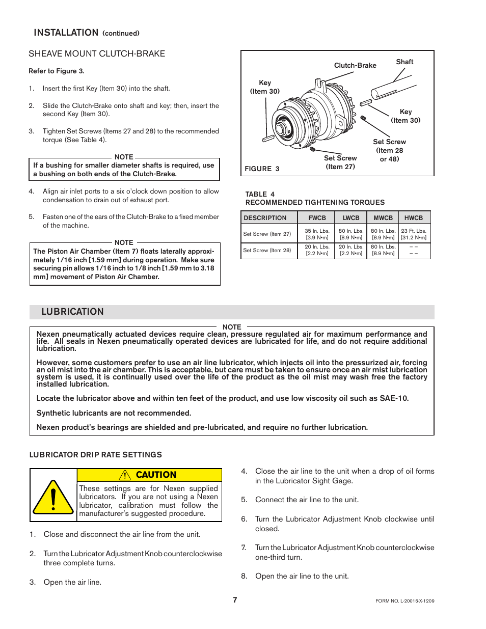 Installation, Lubrication, Sheave mount clutch-brake | Caution | Nexen MWCB 830812 User Manual | Page 7 / 29