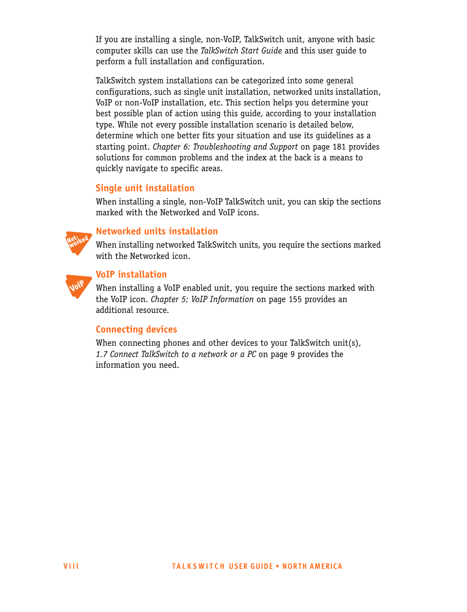 Single unit installation, Networked units installation, Voip installation | Connecting devices | Talkswitch 24-CA User Manual | Page 10 / 243