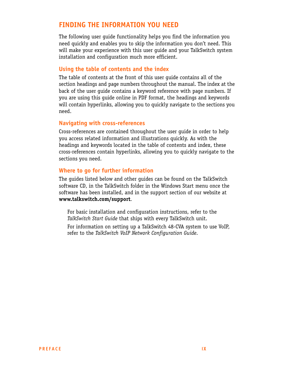 Finding the information you need, Using the table of contents and the index, Navigating with cross-references | Where to go for further information | Talkswitch 24-CA User Manual | Page 11 / 243