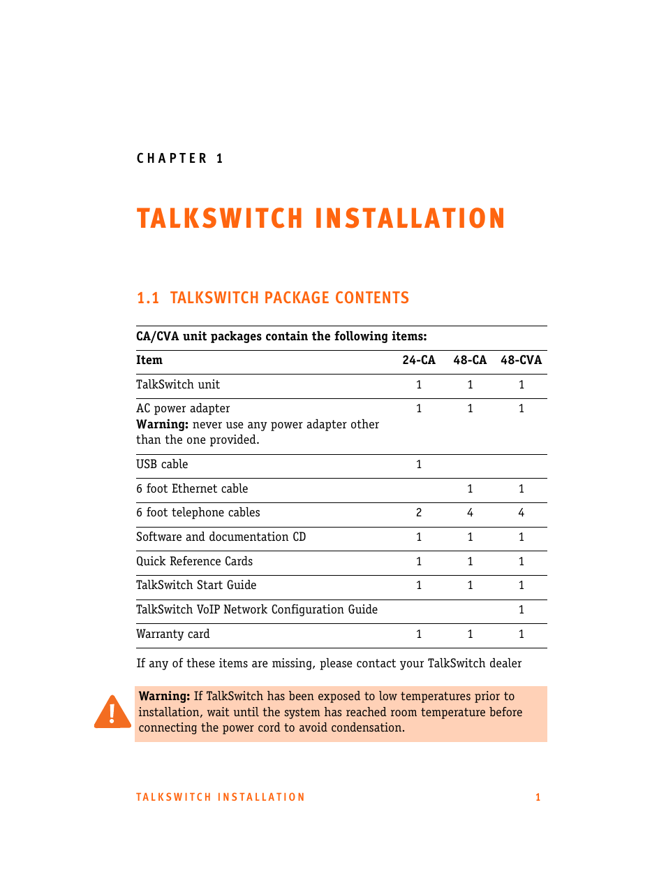 Chapter 1: talkswitch installation, 1 talkswitch package contents | Talkswitch 24-CA User Manual | Page 13 / 243