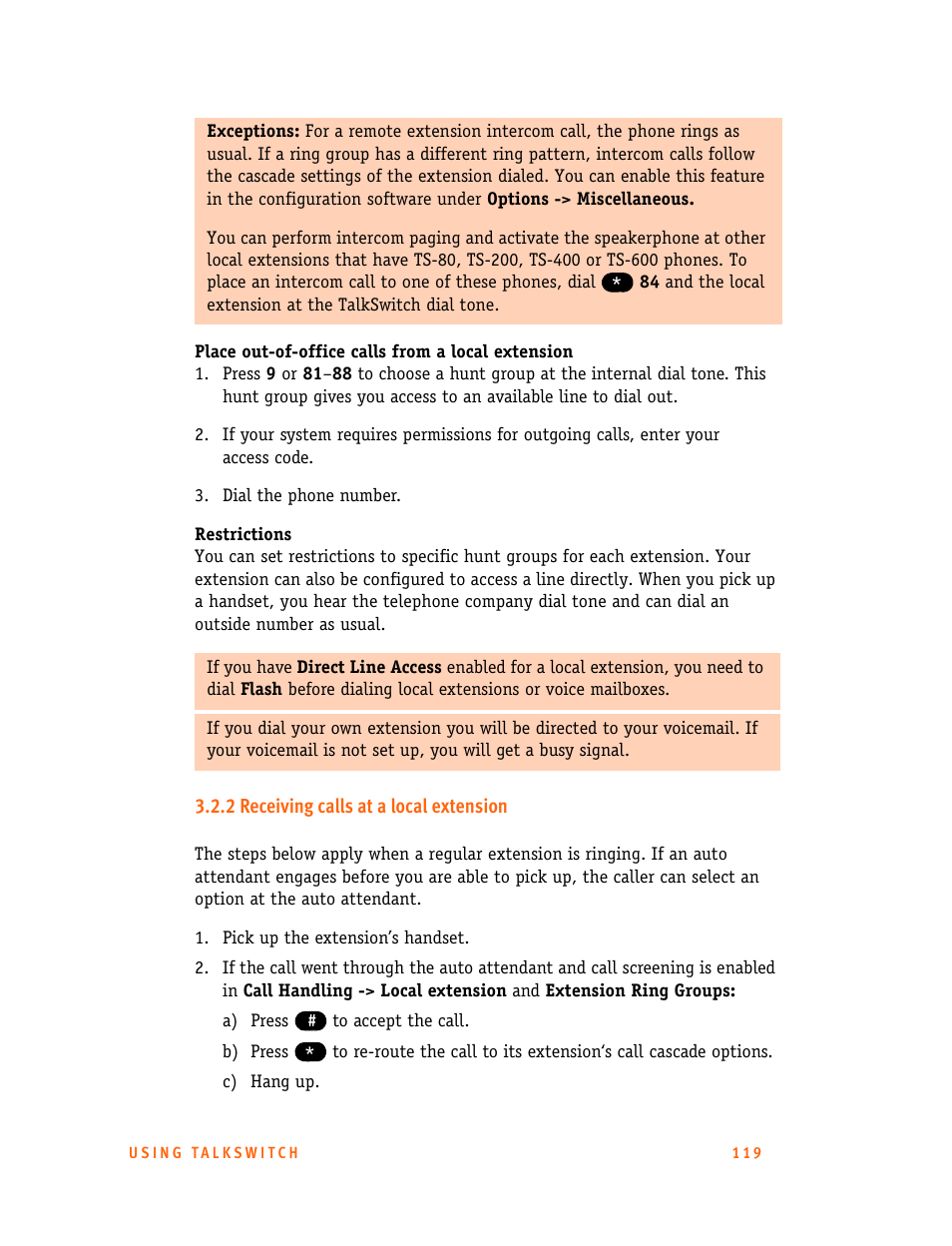 2 receiving calls at a local extension | Talkswitch 24-CA User Manual | Page 131 / 243
