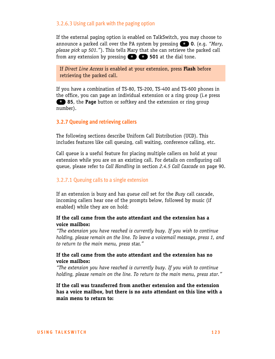 3 using call park with the paging option, 7 queuing and retrieving callers, 1 queuing calls to a single extension | Talkswitch 24-CA User Manual | Page 135 / 243