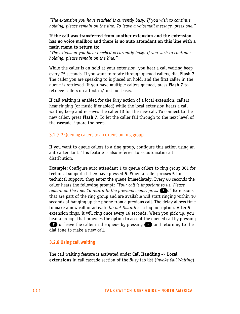 2 queuing callers to an extension ring group, 8 using call waiting | Talkswitch 24-CA User Manual | Page 136 / 243