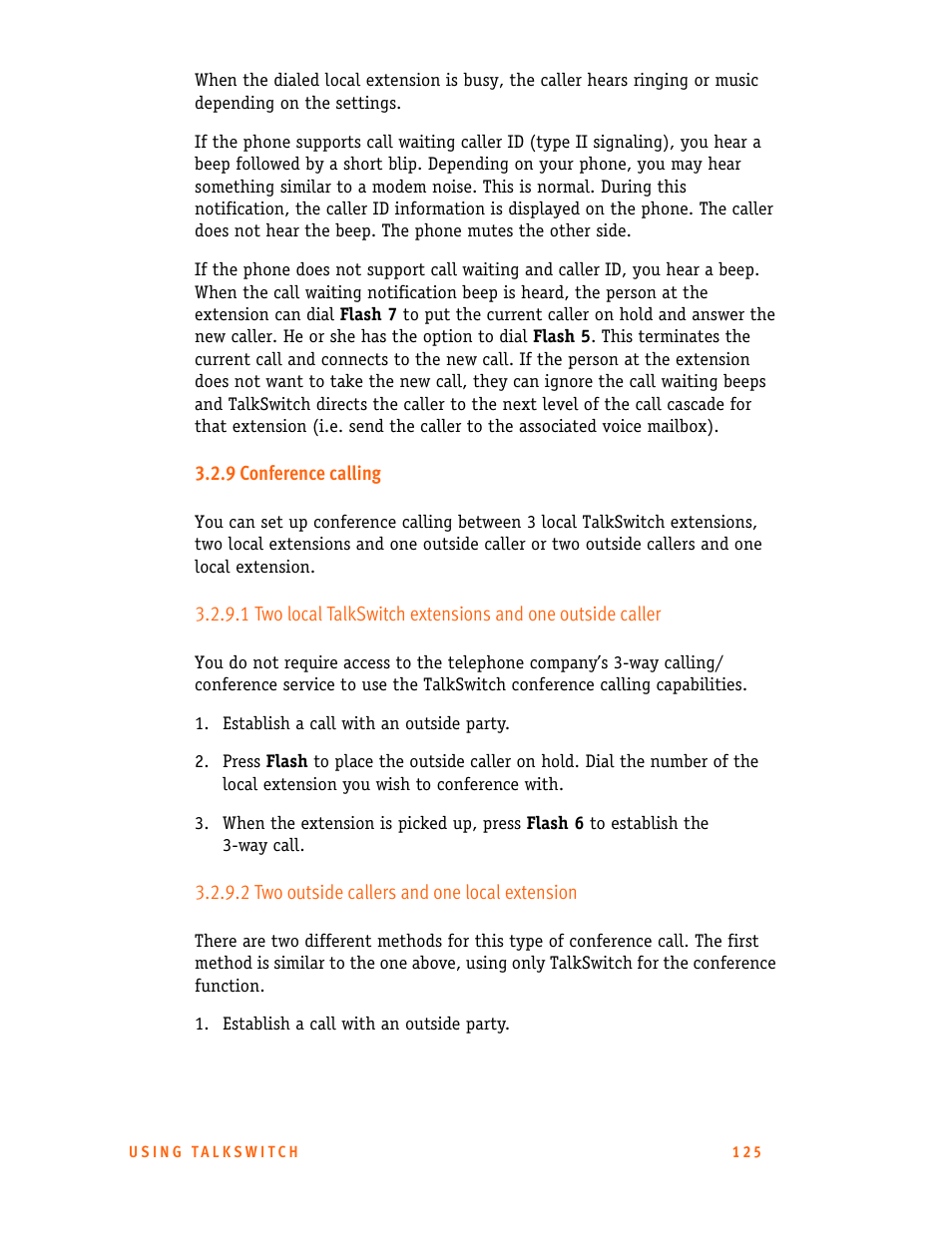 9 conference calling, 2 two outside callers and one local extension | Talkswitch 24-CA User Manual | Page 137 / 243