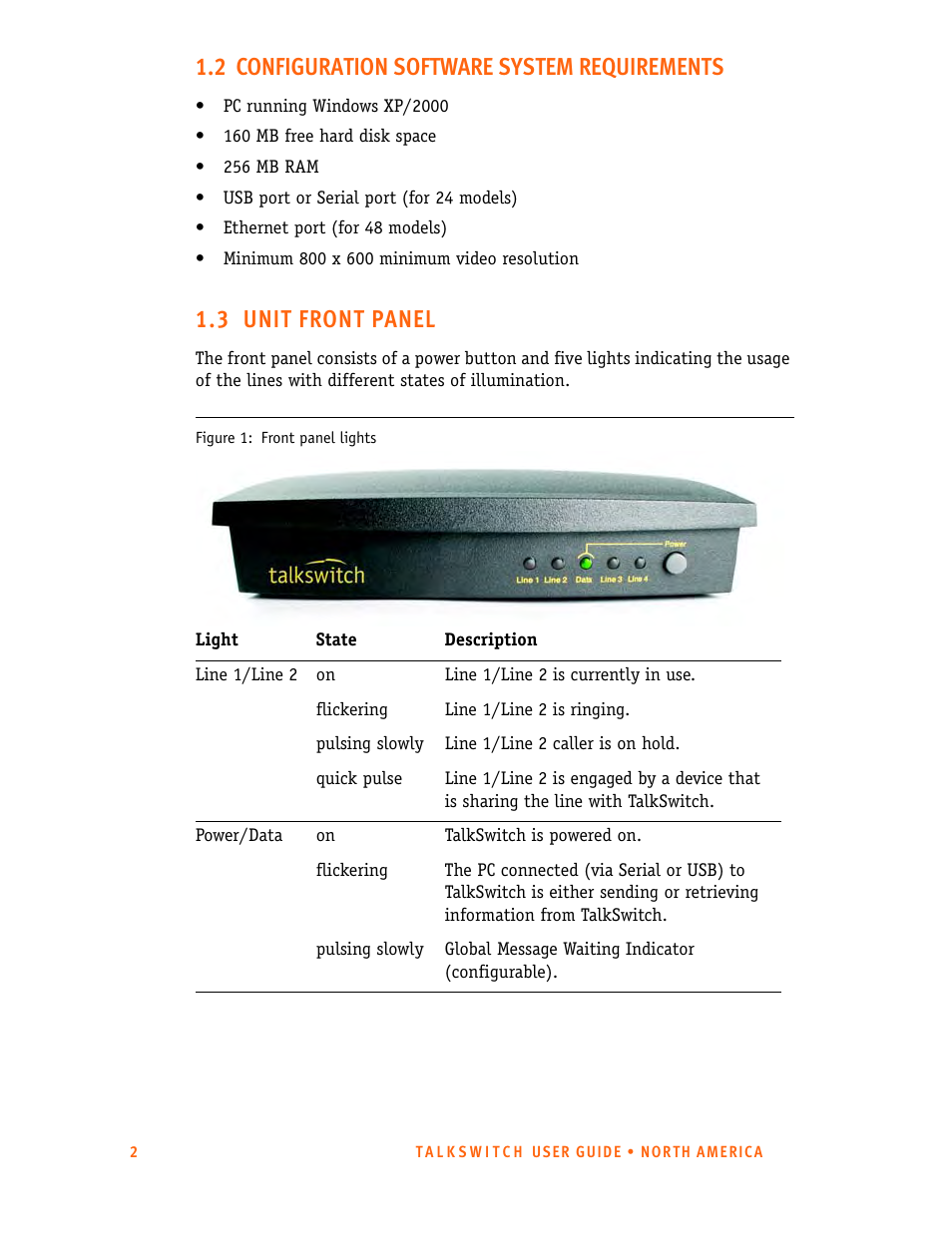 2 configuration software system requirements, 3 unit front panel | Talkswitch 24-CA User Manual | Page 14 / 243