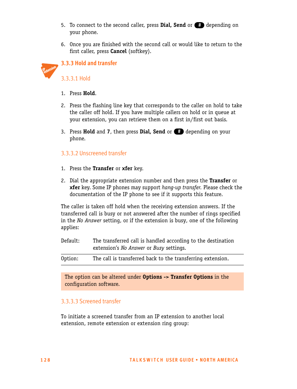 3 hold and transfer, 1 hold, 2 unscreened transfer | 3 screened transfer | Talkswitch 24-CA User Manual | Page 140 / 243