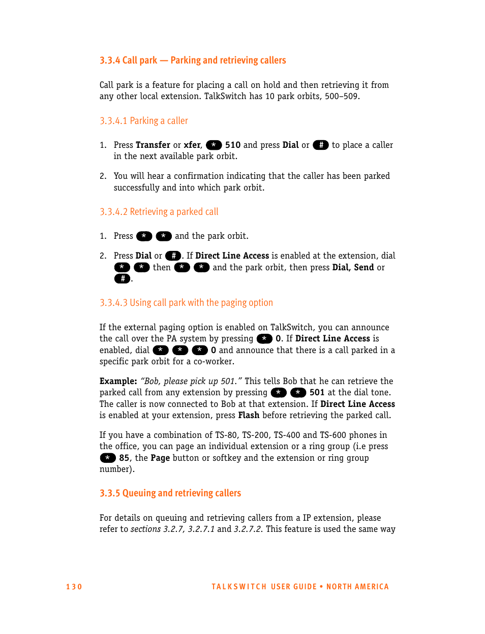 4 call park - parking and retrieving callers, 1 parking a caller, 2 retrieving a parked call | 3 using call park with the paging option, 5 queuing and retrieving callers, 4 call park — parking and retrieving callers | Talkswitch 24-CA User Manual | Page 142 / 243