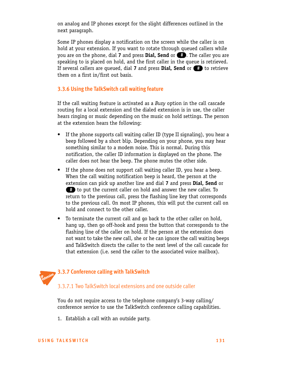 6 using the talkswitch call waiting feature, 7 conference calling with talkswitch | Talkswitch 24-CA User Manual | Page 143 / 243