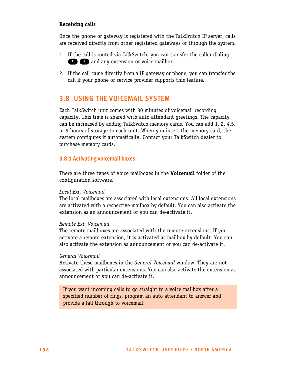 8 using the voicemail system, 1 activating voicemail boxes | Talkswitch 24-CA User Manual | Page 150 / 243