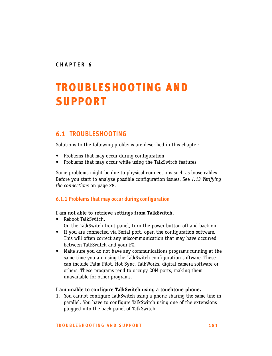1 troubleshooting, 1 problems that may occur during configuration, Chapter 6: troubleshooting and support | Talkswitch 24-CA User Manual | Page 193 / 243