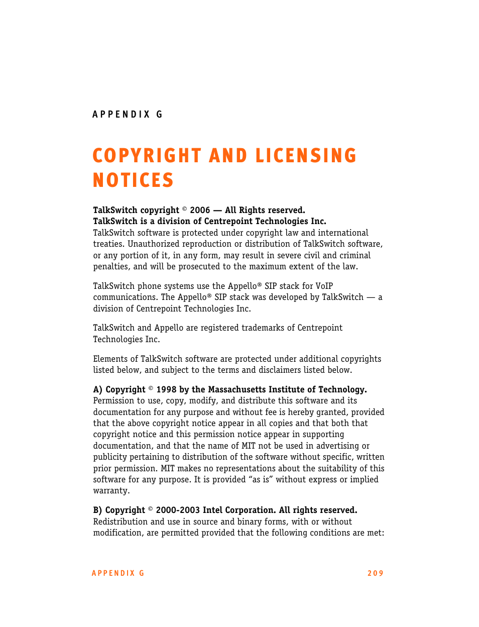 Appendix g: copyright and licensing notices | Talkswitch 24-CA User Manual | Page 221 / 243