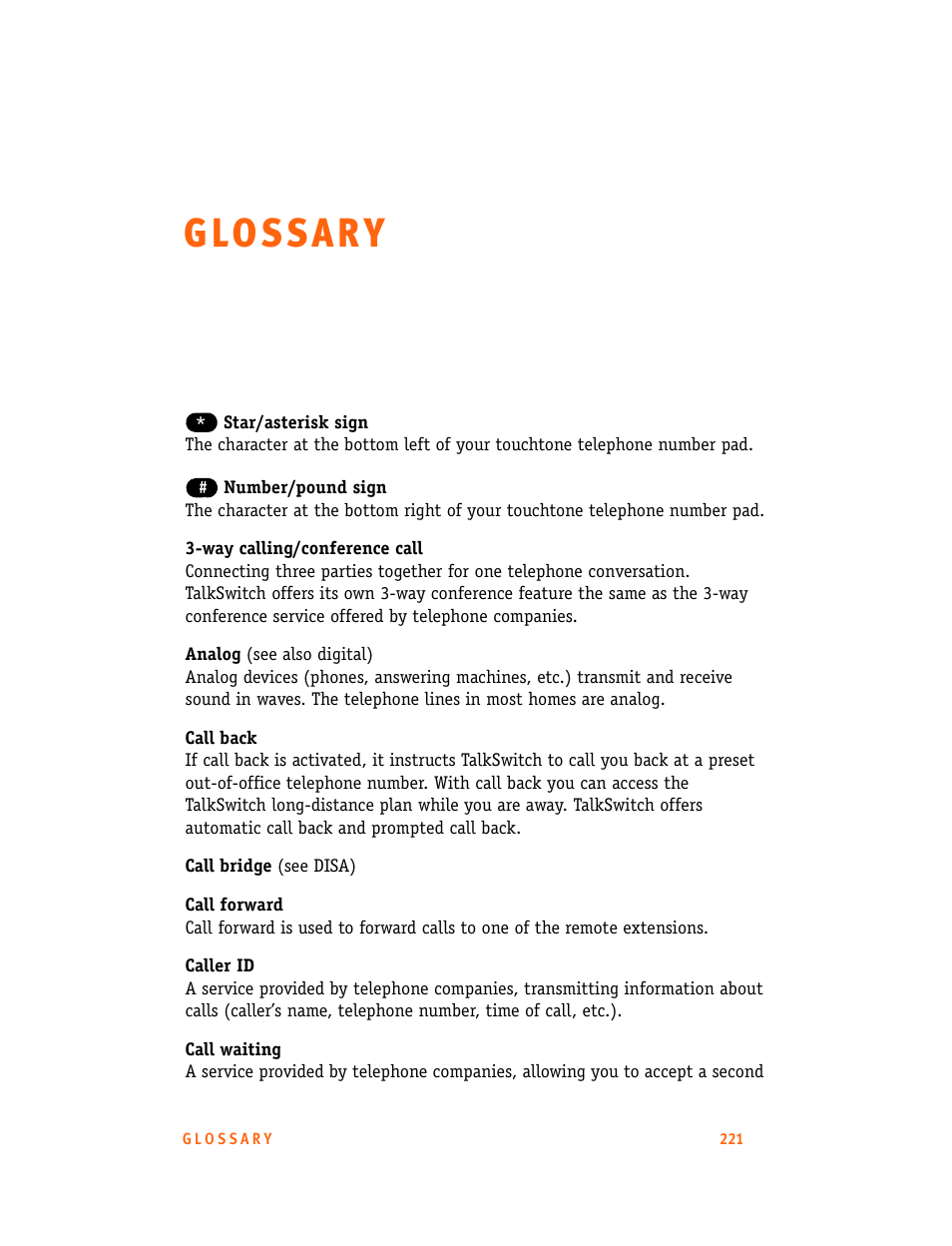 Glossary, G l o ss a r y | Talkswitch 24-CA User Manual | Page 233 / 243