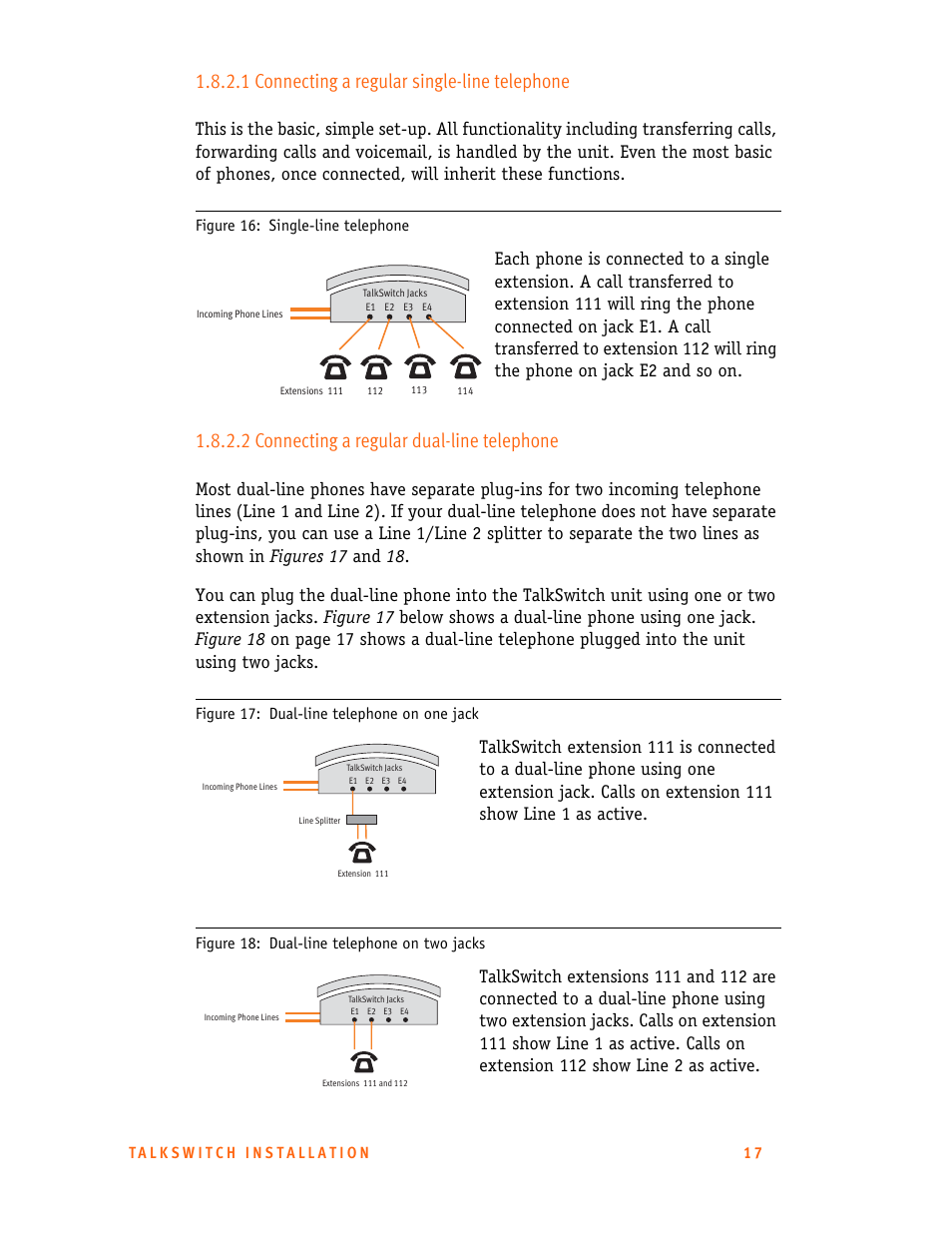 1 connecting a regular single-line telephone, 2 connecting a regular dual-line telephone | Talkswitch 24-CA User Manual | Page 29 / 243