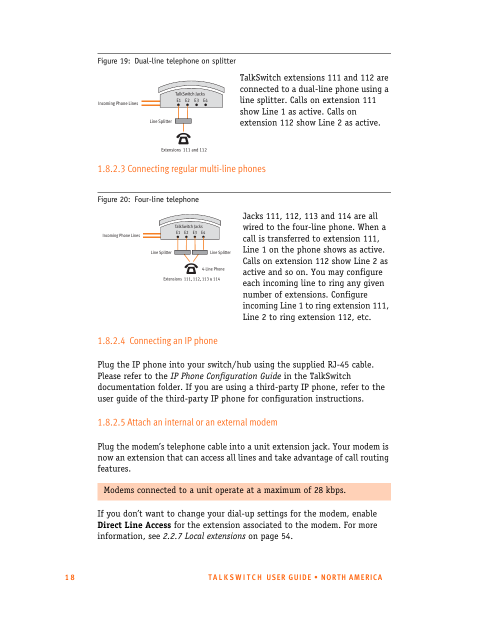 3 connecting regular multi-line phones, 4 connecting an ip phone, 5 attach an internal or an external modem | Talkswitch 24-CA User Manual | Page 30 / 243