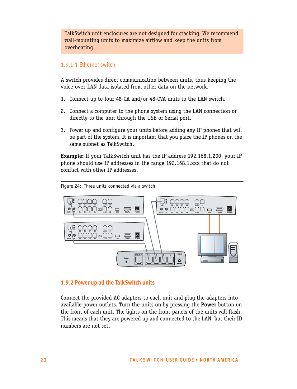 1 ethernet switch, 2 power up all the talkswitch units, Figure 24: three units connected via a switch | Talkswitch 24-CA User Manual | Page 34 / 243