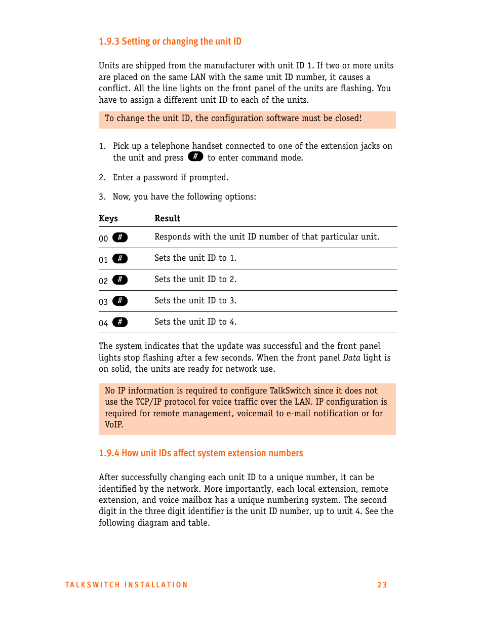 3 setting or changing the unit id, 4 how unit ids affect system extension numbers | Talkswitch 24-CA User Manual | Page 35 / 243