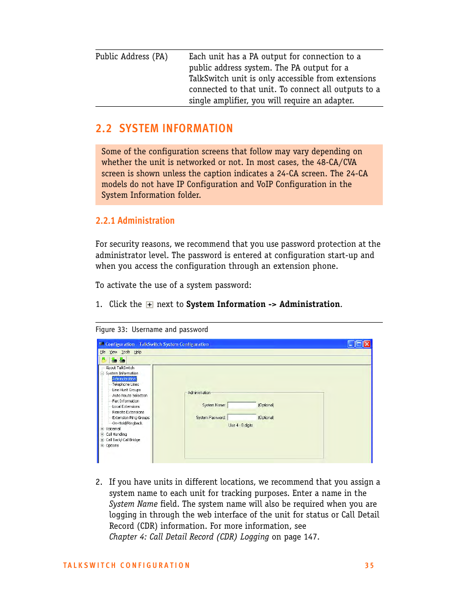 2 system information, 1 administration | Talkswitch 24-CA User Manual | Page 47 / 243