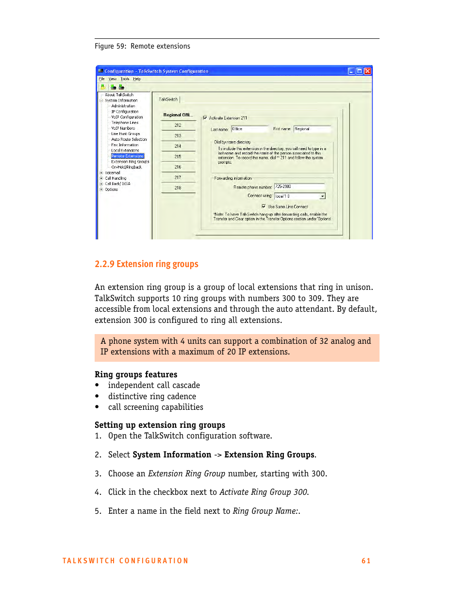 9 extension ring groups | Talkswitch 24-CA User Manual | Page 73 / 243