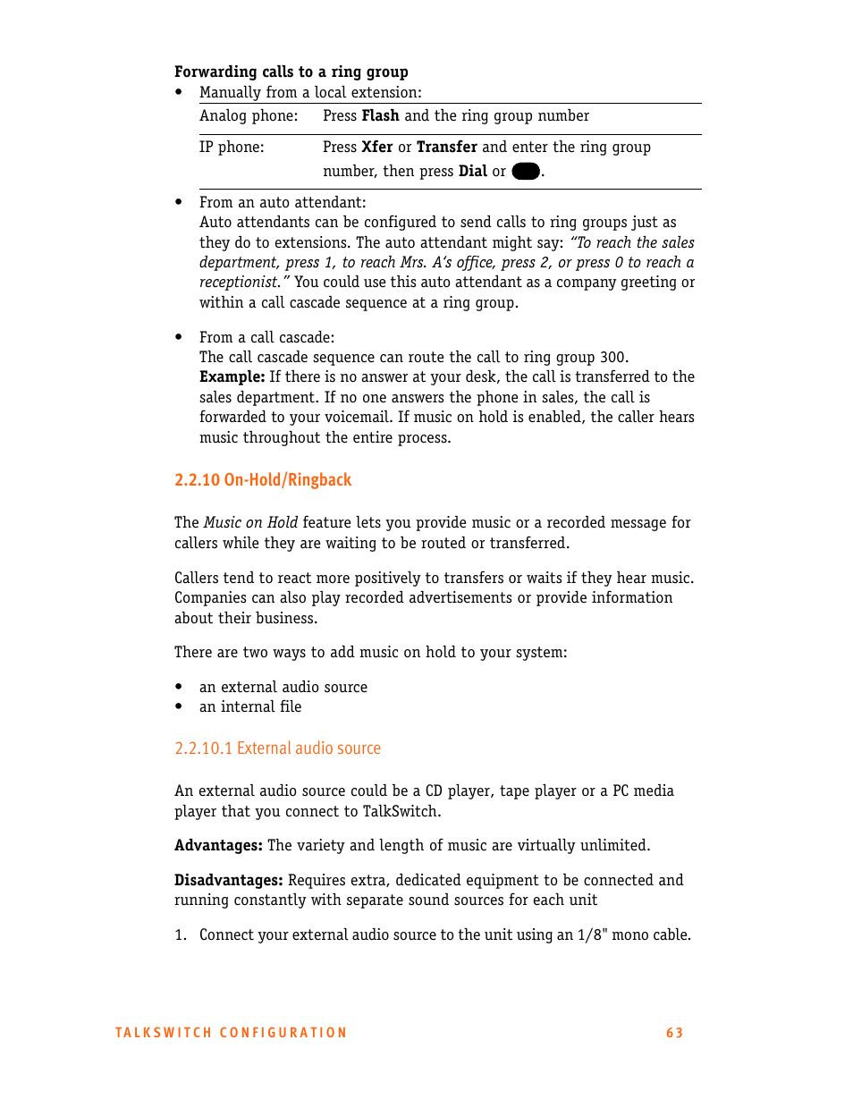 10 on-hold/ringback, 1 external audio source, 1external audio source | Talkswitch 24-CA User Manual | Page 75 / 243