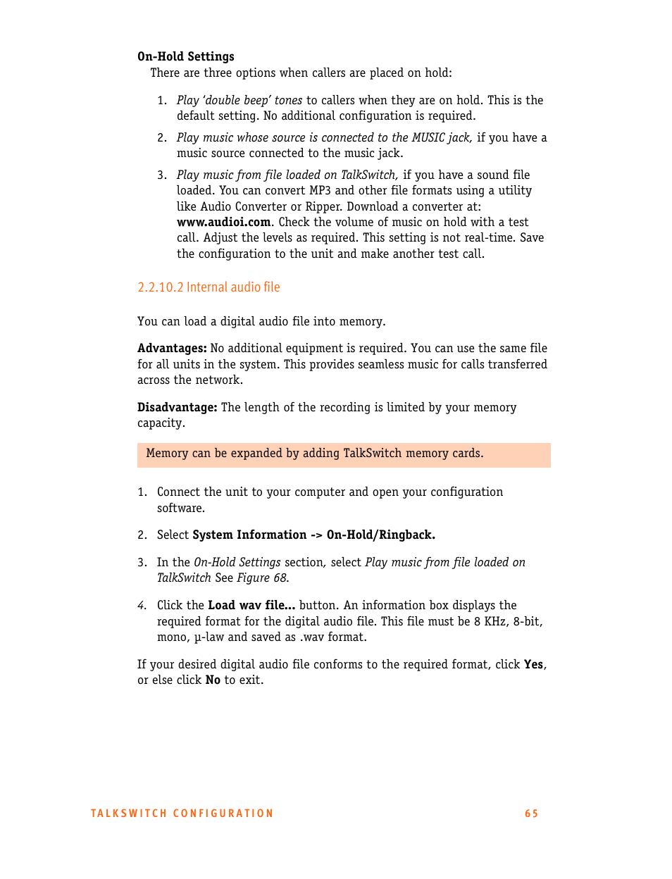 2 internal audio file, 2internal audio file | Talkswitch 24-CA User Manual | Page 77 / 243