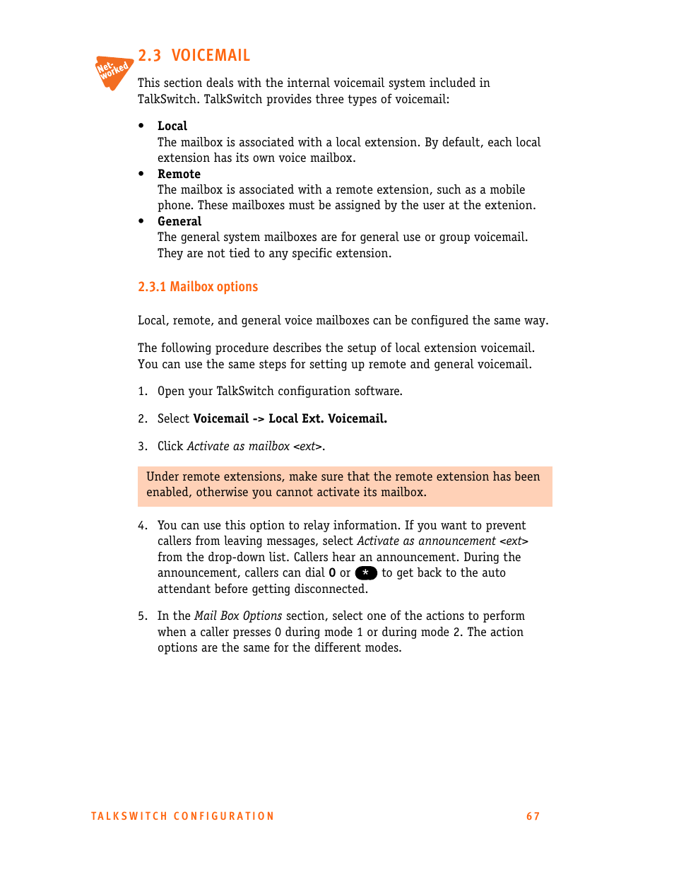 3 voicemail, 1 mailbox options | Talkswitch 24-CA User Manual | Page 79 / 243