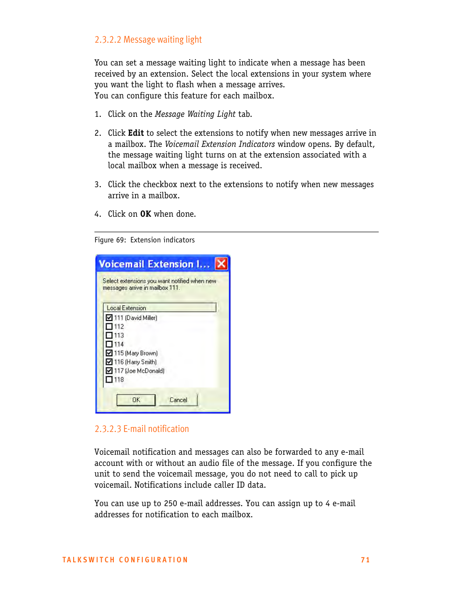 2 message waiting light, 3 e-mail notification | Talkswitch 24-CA User Manual | Page 83 / 243