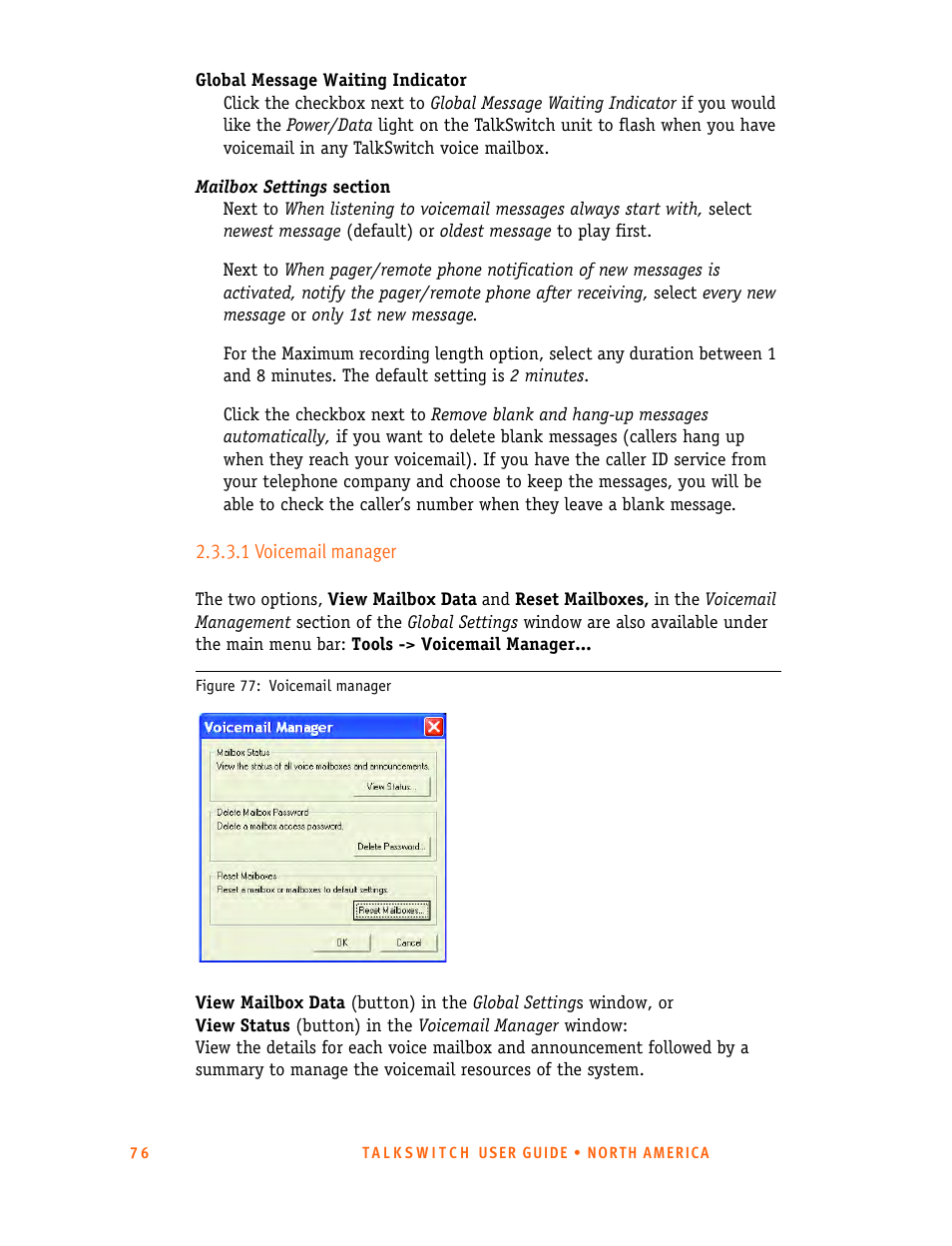 1 voicemail manager | Talkswitch 24-CA User Manual | Page 88 / 243