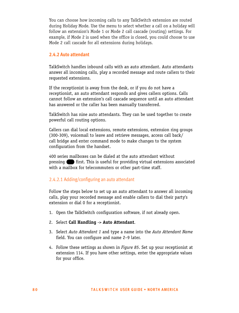 2 auto attendant, 1 adding/configuring an auto attendant | Talkswitch 24-CA User Manual | Page 92 / 243