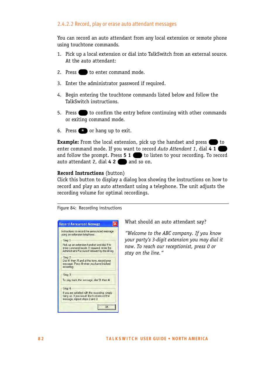 2 record, play or erase auto attendant messages | Talkswitch 24-CA User Manual | Page 94 / 243