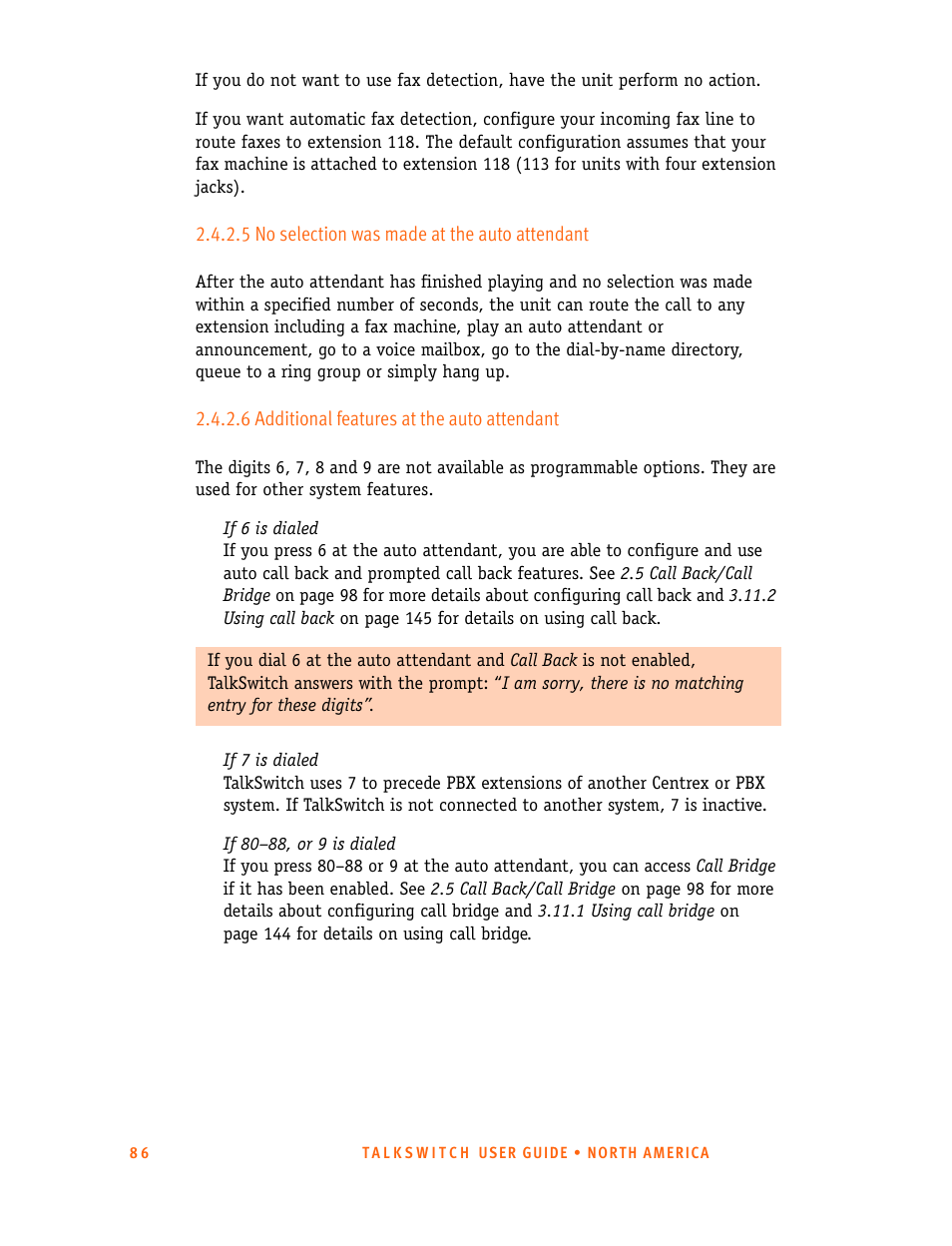 5 no selection was made at the auto attendant, 6 additional features at the auto attendant | Talkswitch 24-CA User Manual | Page 98 / 243