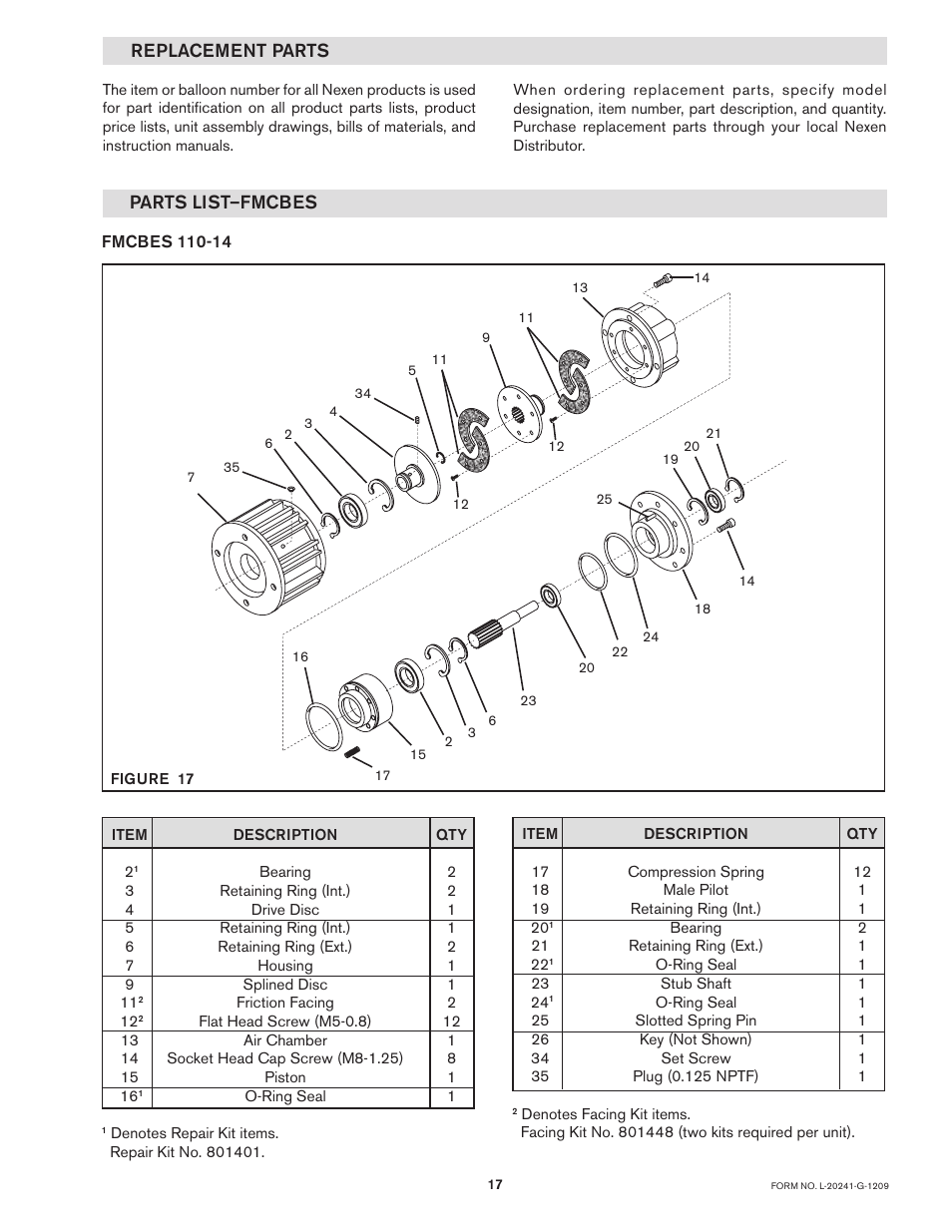 Parts list–fmcbes, Replacement parts | Nexen FMCBES-8-42 801481 User Manual | Page 17 / 24