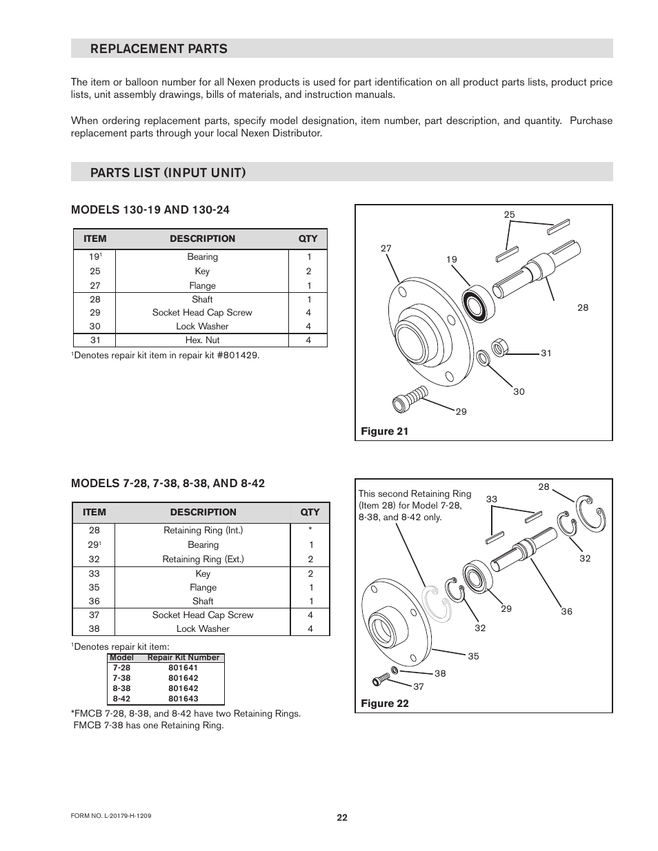 Replacement parts parts list (input unit) | Nexen FMCB-7-38 801613 User Manual | Page 22 / 28