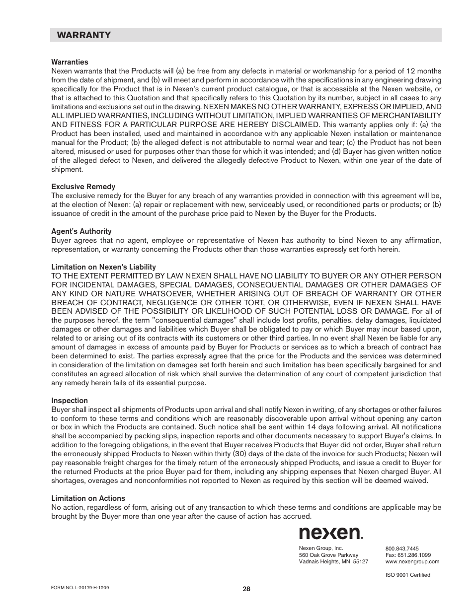 Warranty | Nexen FMCB-7-38 801613 User Manual | Page 28 / 28