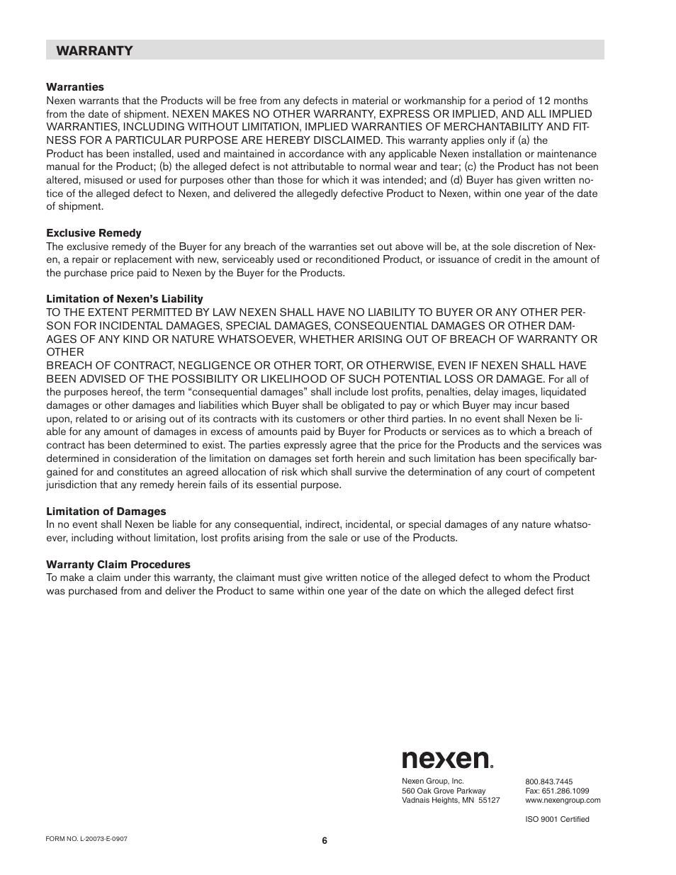 Warranty | Nexen Overlap Eliminators 944400 User Manual | Page 6 / 6