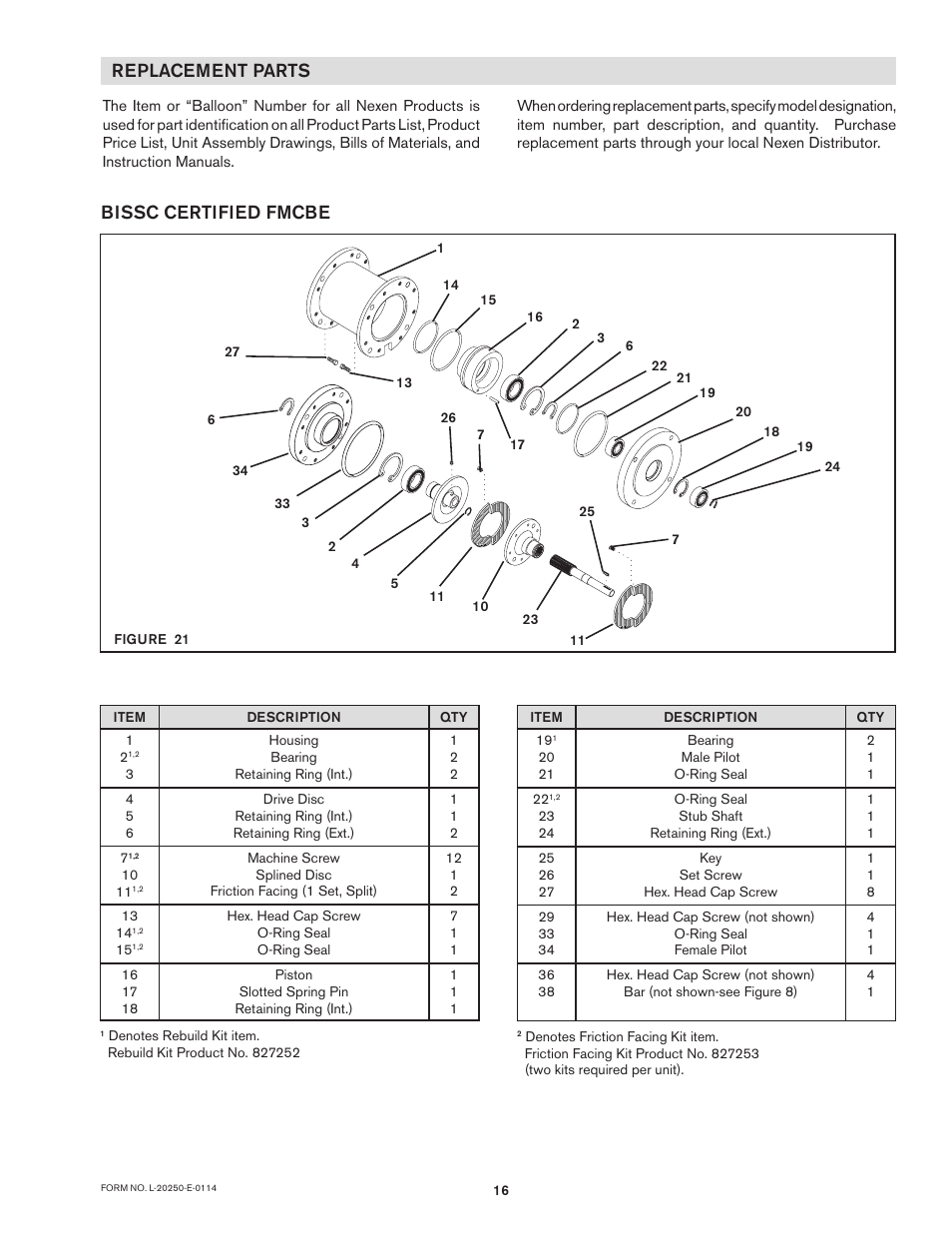 Replacement parts, Bissc certified fmcbe | Nexen FM 625 BISSC 827251 User Manual | Page 16 / 18