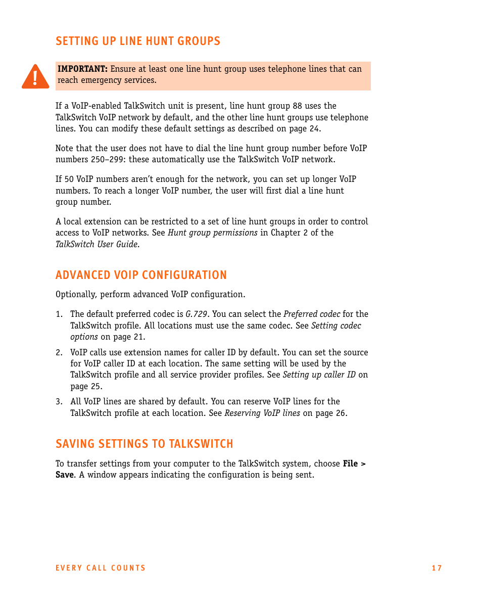 Setting up line hunt groups, Advanced voip configuration, Saving settings to talkswitch | Talkswitch CT.TS005.002606 User Manual | Page 18 / 29