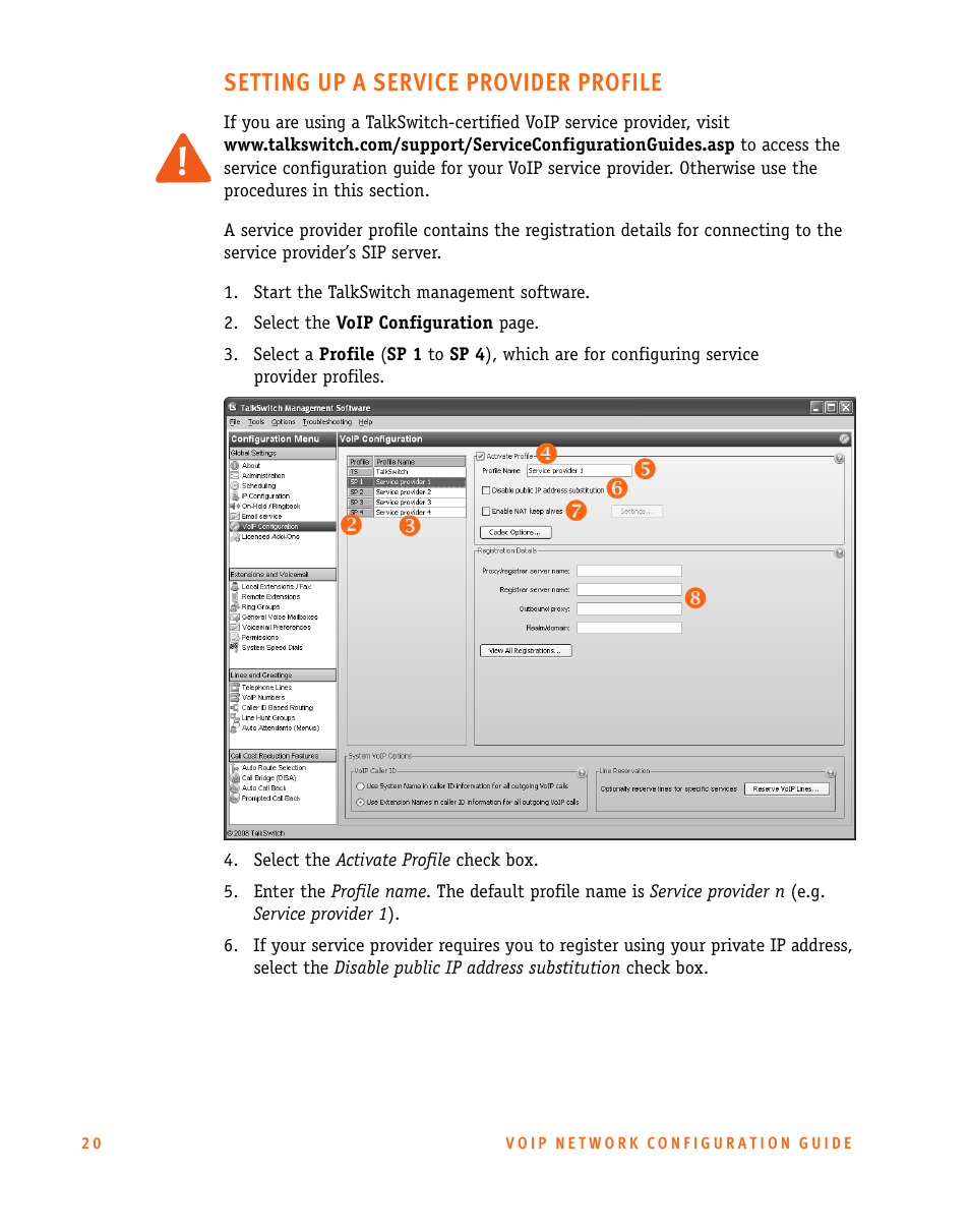 Setting up a service provider profile | Talkswitch CT.TS005.002606 User Manual | Page 21 / 29