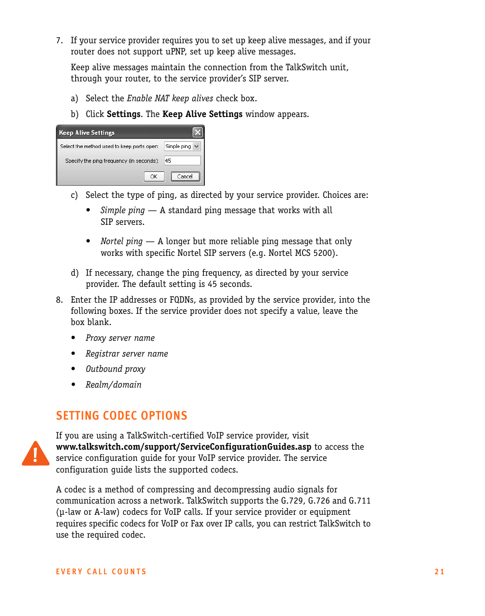 Setting codec options | Talkswitch CT.TS005.002606 User Manual | Page 22 / 29
