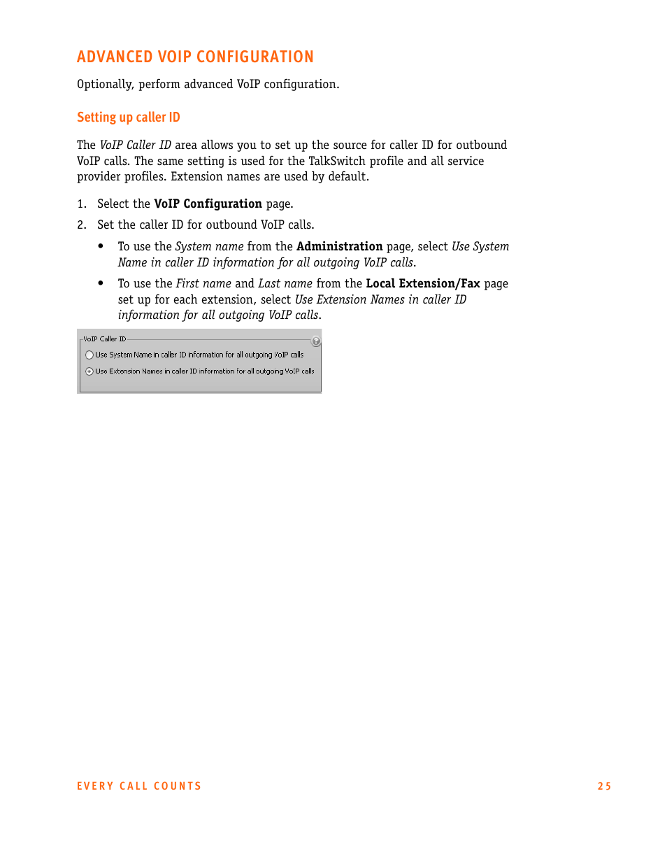 Advanced voip configuration, Setting up caller id | Talkswitch CT.TS005.002606 User Manual | Page 26 / 29