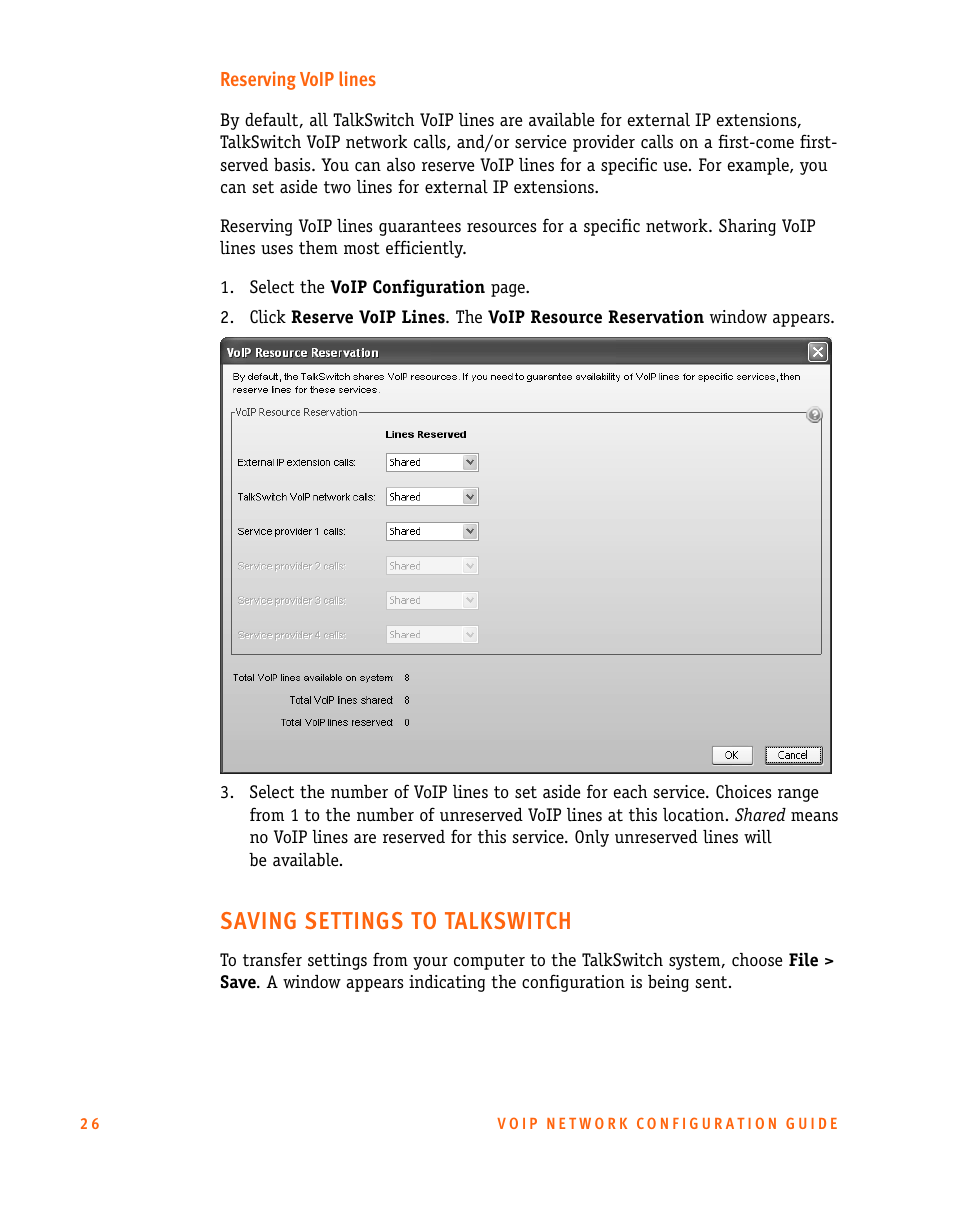 Reserving voip lines, Saving settings to talkswitch | Talkswitch CT.TS005.002606 User Manual | Page 27 / 29