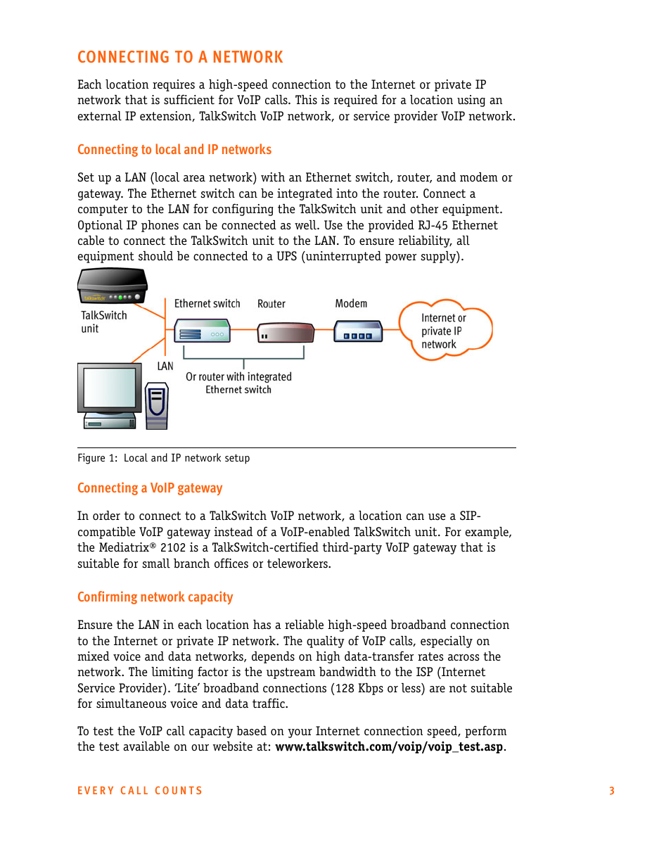 Connecting to a network, Connecting to local and ip networks, Connecting a voip gateway | Confirming network capacity | Talkswitch CT.TS005.002606 User Manual | Page 4 / 29