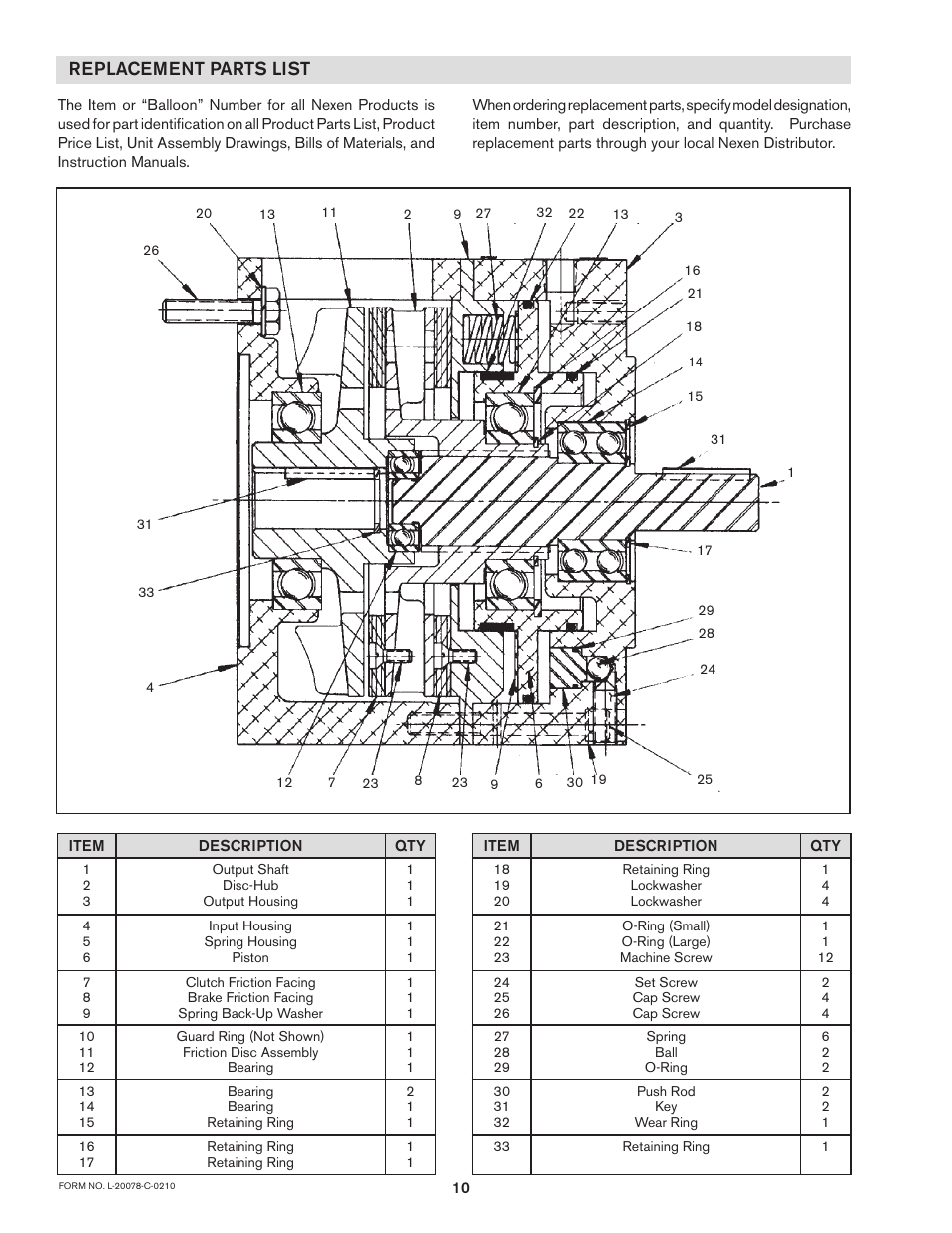 Replacement parts list | Nexen SE 625 883000 User Manual | Page 10 / 11